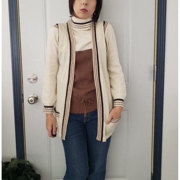 70s Cream and Brown Turtleneck Sweater and Vest Set‎ - Picture 1 of 6